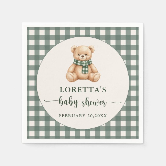 Servilleta De Papel Cute Teddy Bear Rustic Green Plaid Baby Shower  (Anverso)