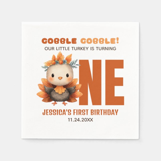 Servilleta De Papel Cute Turkey Gobble Thanksgiving 1st Birthday (Anverso)