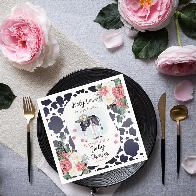 Servilleta De Papel Cute, vaca sagrada, es un Baby Shower Chica (Cute "Holy Cow, It's A Girl!" Black and White Cow Theme | Pink Floral Baby Shower Paper Napkins)