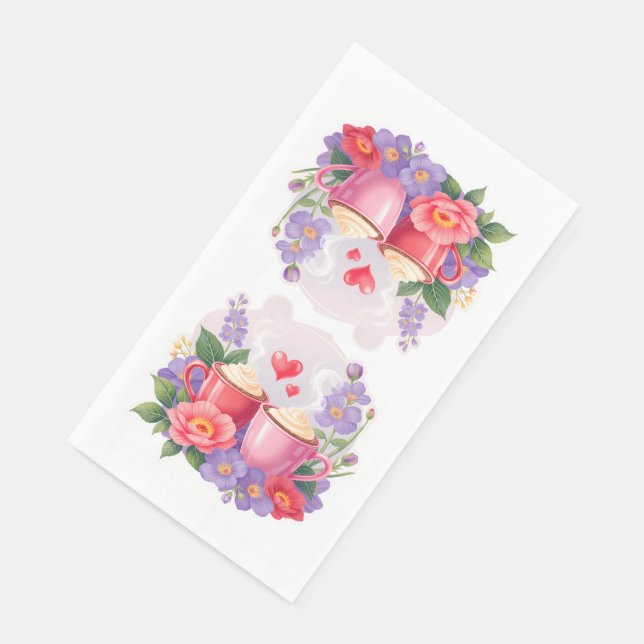 Servilleta De Papel Cute Valentine Cocoa Mugs with Flowers & Hearts (Esquina)