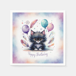 Servilleta De Papel Cute Watercolor Black Kitten Balloons Birthday 