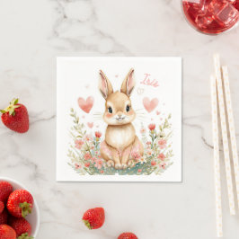 Servilleta De Papel Cute Watercolor Bunny Pink Hearts Floral Woodland 
