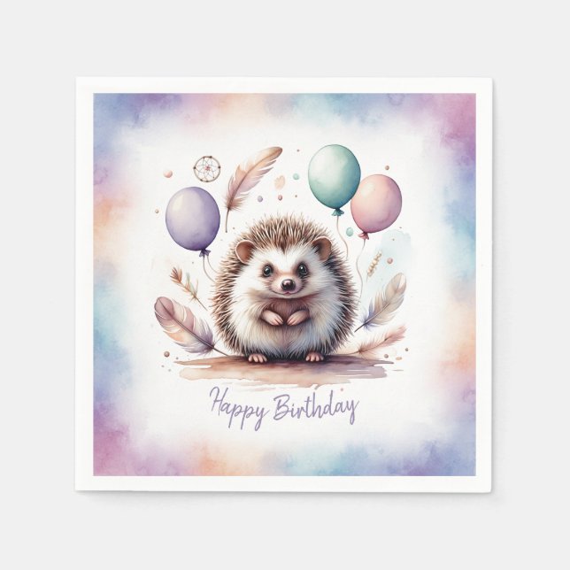 Servilleta De Papel Cute Watercolor Hedgehog with Balloons Birthday  (Anverso)