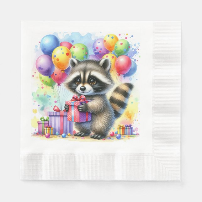 Servilleta De Papel Cute Watercolor Personalizado Raccoon Cumpleaños (Anverso)