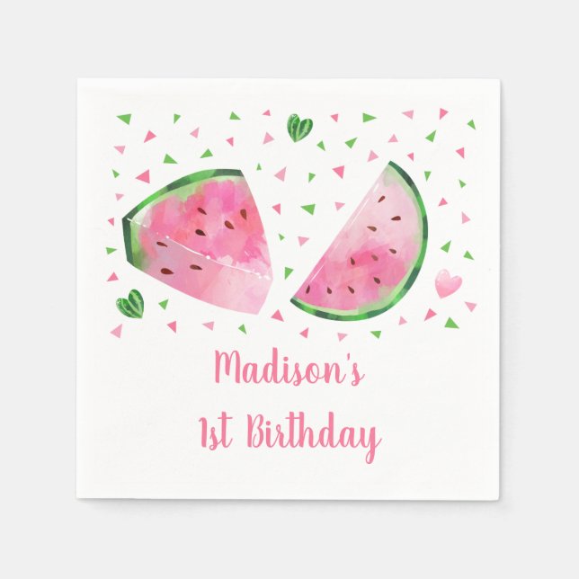 Servilleta De Papel Cute Watermelon Pink & Green Birday (Anverso)