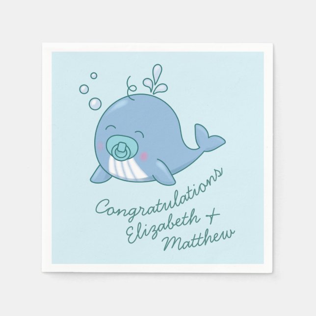 Servilleta De Papel Cute Whale Baby Shower Kawaii Boy Blue (Anverso)