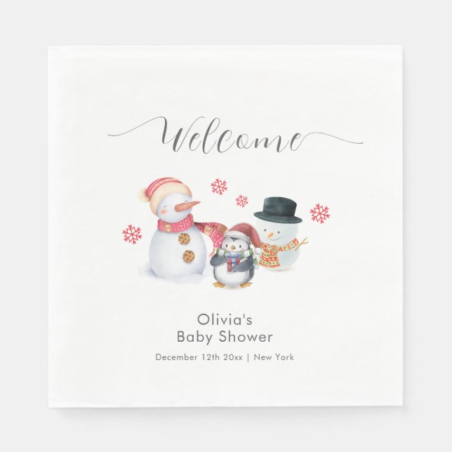 Servilleta De Papel Cute Winter Penguin Snowman Baby Shower Welcome  (Anverso)