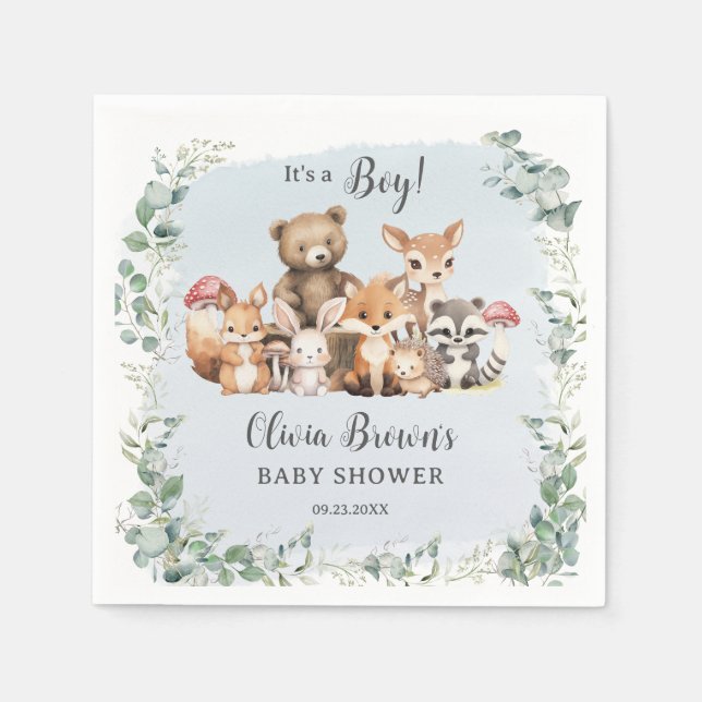 Servilleta De Papel Cute Woodland Animals Greenery Boy Baby Shower (Anverso)