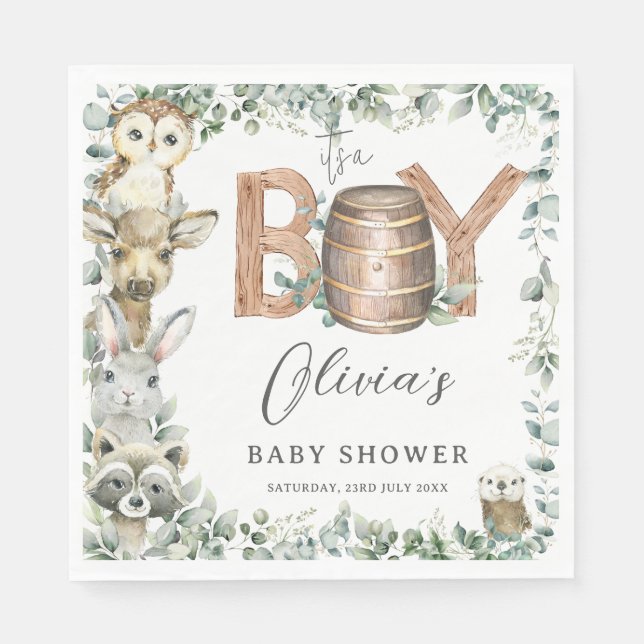 Servilleta De Papel Cute Woodland Animals Greenery Boy Baby Shower (Anverso)