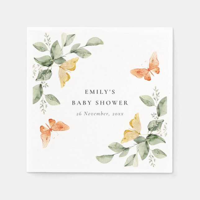 Servilleta De Papel Cute Yellow Garden Foliage Butterflies Baby Shower (Anverso)
