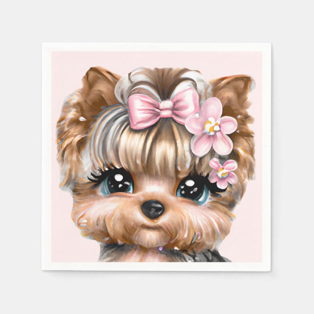 Servilleta De Papel Cute Yorkie con un compadre rosado (Anverso)