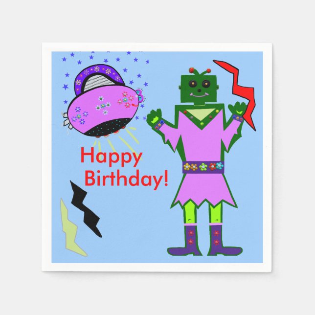 Servilleta De Papel Cuto Chica Robot Pink Spaceship Napkins Cumpleaños (Anverso)