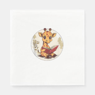 Servilleta De Papel Cuto Giraffe leyendo libro con Ilustracion de hoja