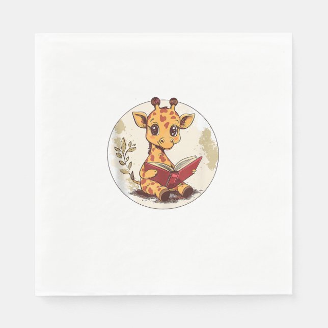 Servilleta De Papel Cuto Giraffe leyendo libro con Ilustracion de hoja (Anverso)