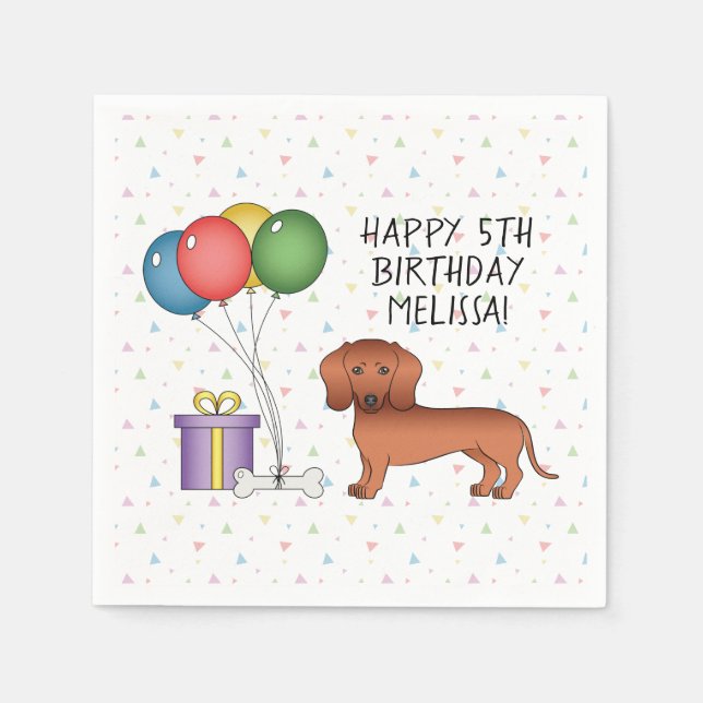 Servilleta De Papel Dachshund de Pelo Liso Rojo Cumpleaños Feliz (Anverso)