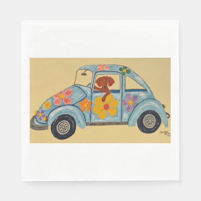 Servilleta De Papel Dachshund in Hippie car  (Anverso)