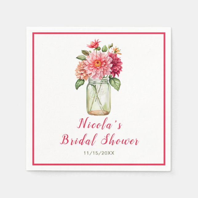 Servilleta De Papel Dahlias rosadas Mason Jar Bridal Shower (Anverso)