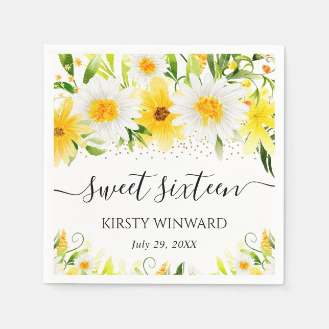 Servilleta De Papel Daisies acuarelas y flores amarillas dulces diecis (Anverso)
