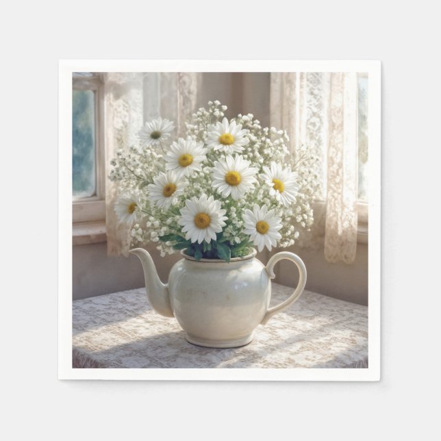 Servilleta De Papel Daisy Bouquet in an Antique Teapot (Anverso)