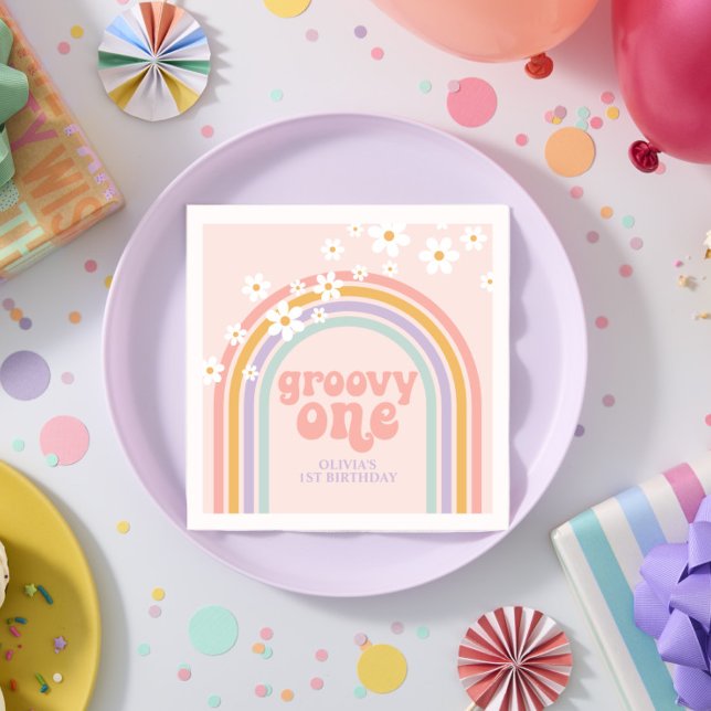Servilleta De Papel Daisy Groovy One Pastel arcoíris primer cumpleaños (Subido por el creador)