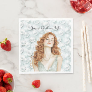 Servilleta De Papel Dama de Cabello Rojo Vestido Verde Cumpleaños Perl
