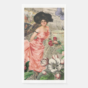 Servilleta De Papel Dama de Café Mujer Victoriana Rosa Vestido Rico