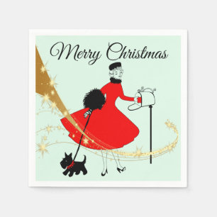 Servilleta De Papel Dama de Navidad vintage de 1950 con terrier escocé