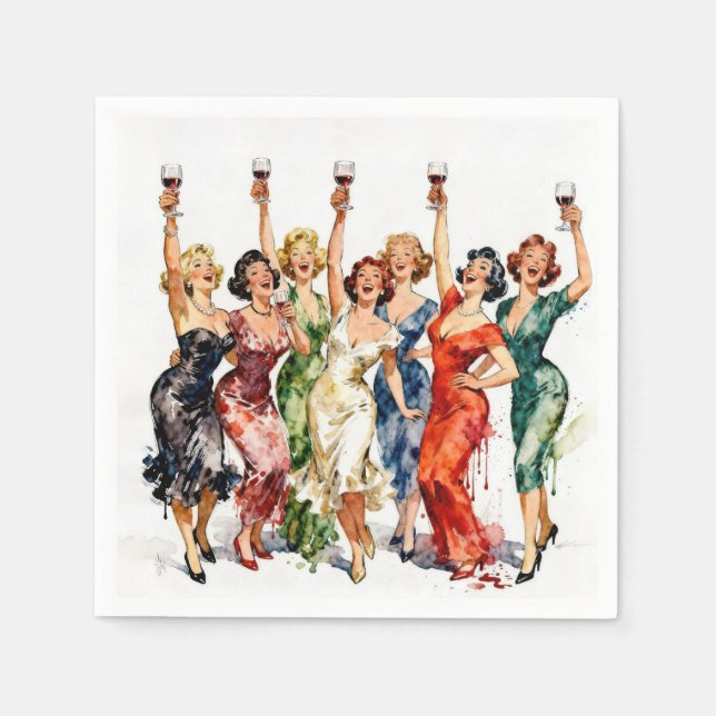 Servilleta De Papel Damas de fiesta retro con vino tinto (Anverso)