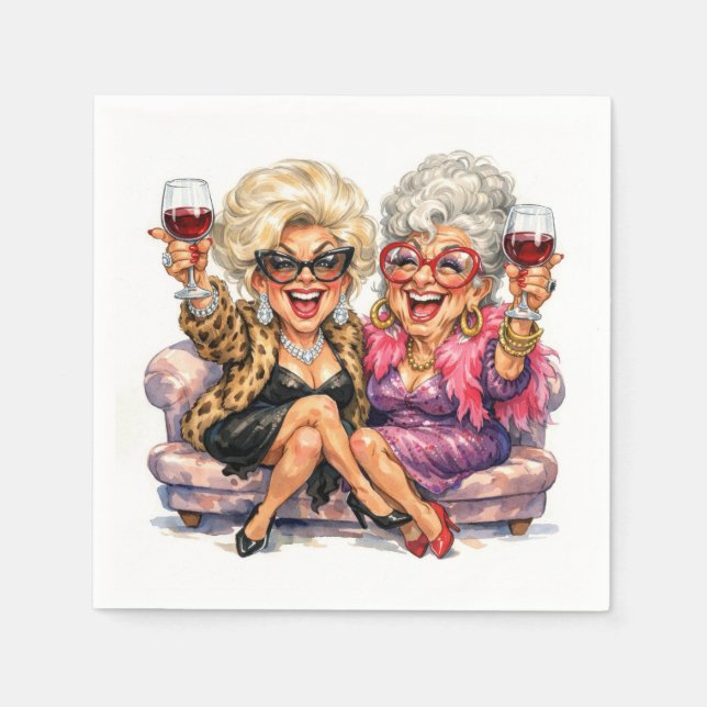 Servilleta De Papel Damas Mayores Glamurosas Con Vino Tinto (Anverso)