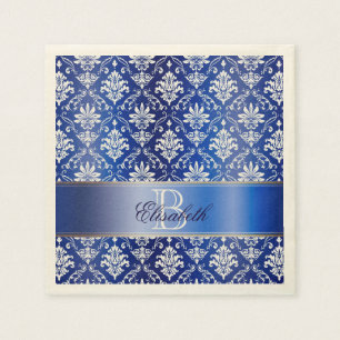 Servilleta De Papel Damasco azul y blanco del monograma