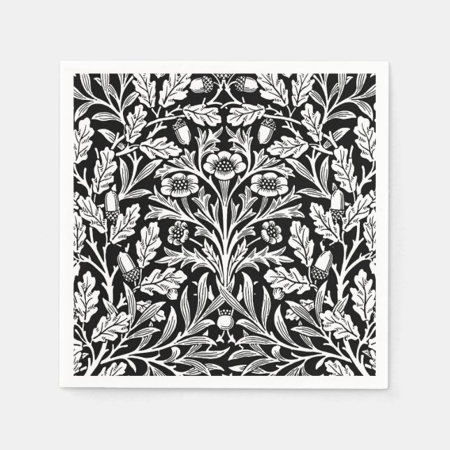 Servilleta De Papel Damasco floral de Art Nouveau, negro y blanco (Anverso)