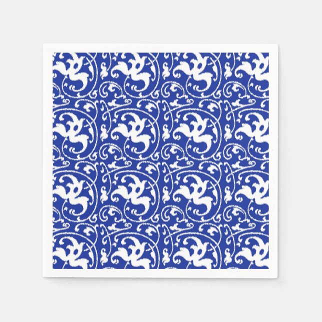 Servilleta De Papel Damasco floral de Ikat - Azul cobalto y blanco (Anverso)