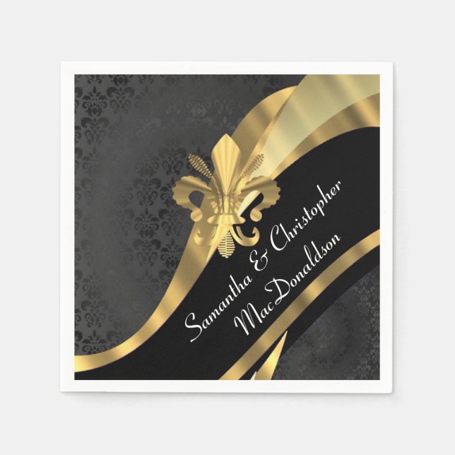 Servilleta De Papel Damasco negro y fleur de oro de lys (Anverso)