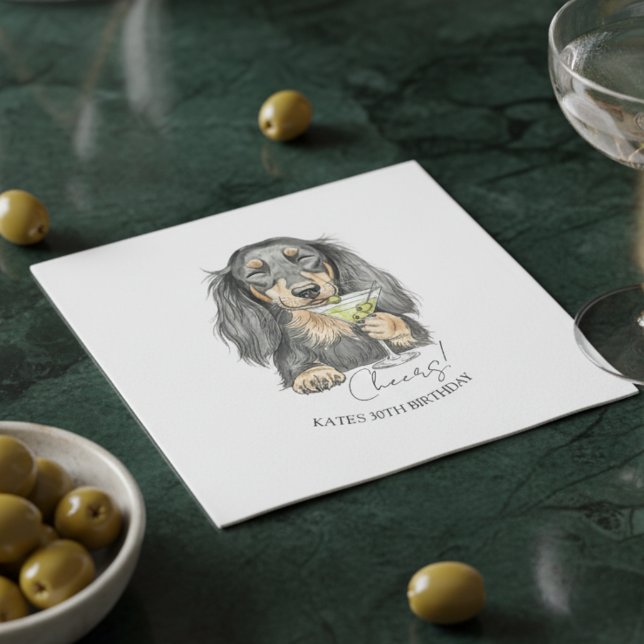 Servilleta De Papel Dand Drawn Dachshund Dirty Martini Doodle Cocktail (Celebrate with this custom hand drawn dachshund martini cocktail napkin!)