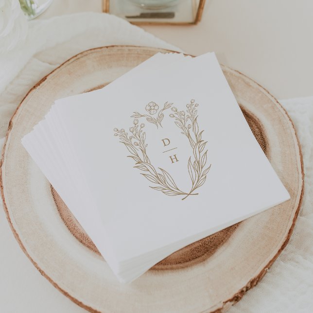 Servilleta De Papel DAPHNE Moda Blanca Floral Escudo Boda (DAPHNE Floral Gold White Chic Classy Crest Wedding Napkins)