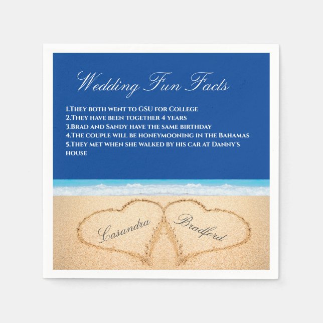 Servilleta De Papel Dark Blue Beach Wedding 2 Hearts Sand Fun Facts (Anverso)