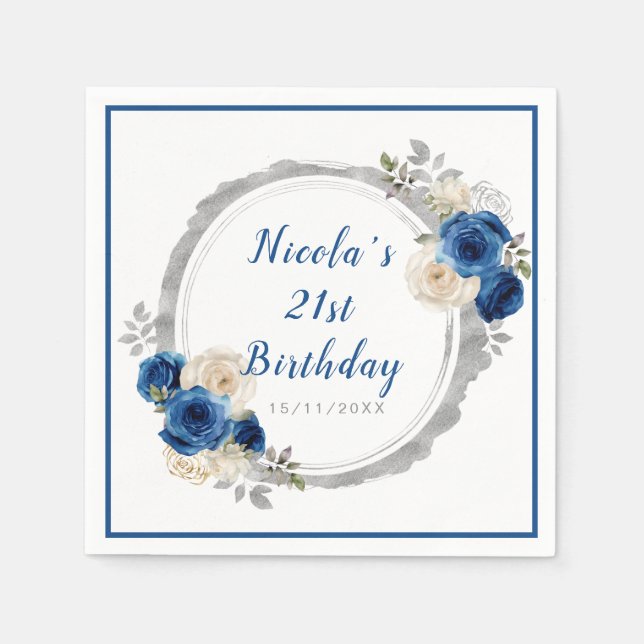 Servilleta De Papel Dark Blue Silver Elegant Flowday Party (Anverso)