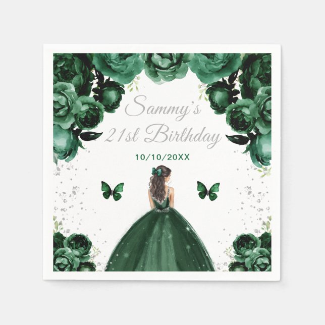 Servilleta De Papel Dark Green Brunette Hair Princess Birthday Party (Anverso)