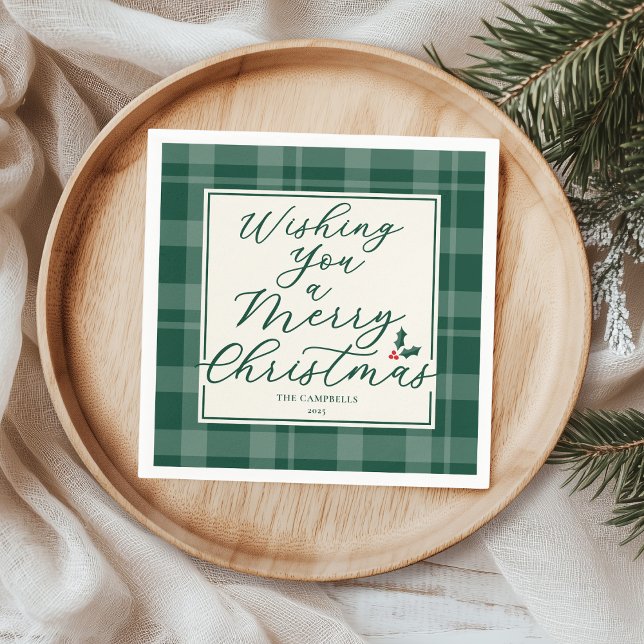 Servilleta De Papel Dark Green Plaid Wishing You A Merry Christmas (Subido por el creador)