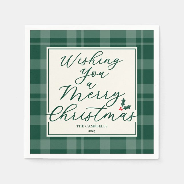 Servilleta De Papel Dark Green Plaid Wishing You A Merry Christmas (Anverso)