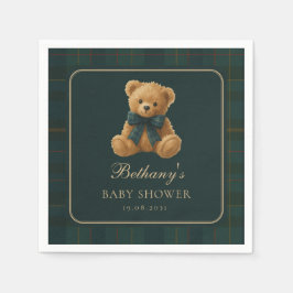 Servilleta De Papel Dark Green Polo Tartan Teddy Bear Baby Shower