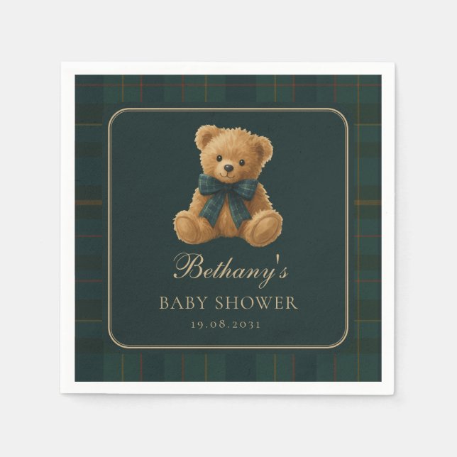 Servilleta De Papel Dark Green Polo Tartan Teddy Bear Baby Shower (Anverso)