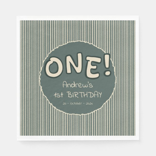 Servilleta De Papel Dark Green Stripes 1st Birthday (Anverso)