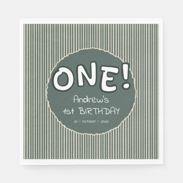 Servilleta De Papel Dark Green Stripes 1st Birthday (Anverso)