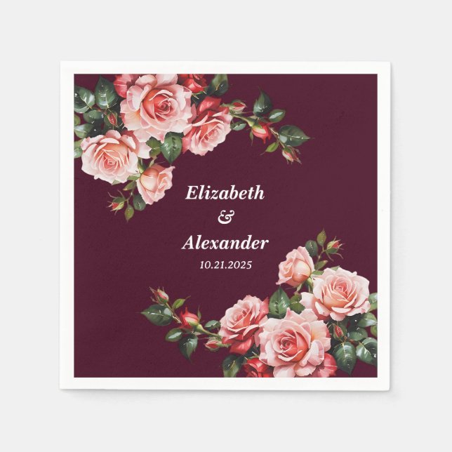Servilleta De Papel Dark moody pink and red roses burgundy wedding  (Anverso)