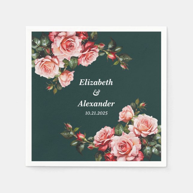 Servilleta De Papel Dark moody pink and red roses green wedding (Anverso)