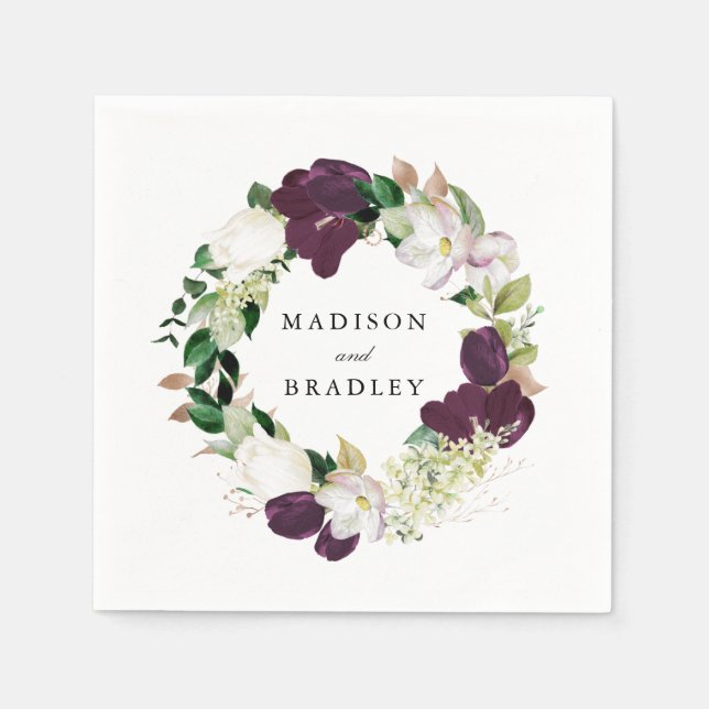 Servilleta De Papel Dark Plum Floral | Boda Personalizada (Anverso)