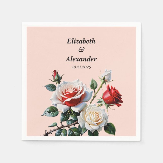 Servilleta De Papel Dark Pretty pink white red roses floral wedding  (Anverso)