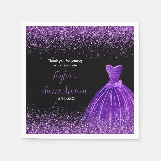 Servilleta De Papel Dark Purple Vestido Faux Purpurina Dulce 16 Cumple (Anverso)