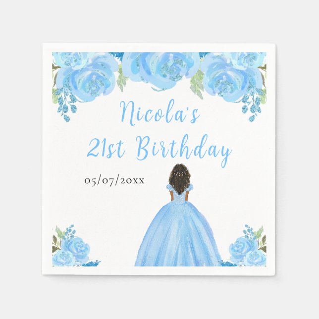 Servilleta De Papel Dark Skin Princess Blue Floral Birthday Party (Anverso)